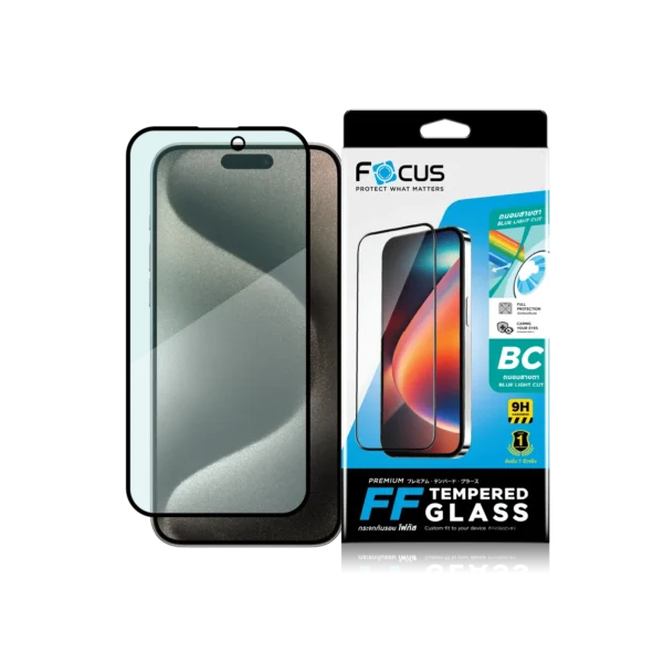 กระจกกันรอย เต็มจอ แบบถนอมสายตา ขอบสีดำ สำหรับ iPhone 15 Pro Max
