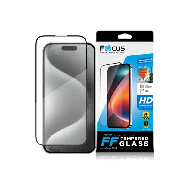 กระจกกันรอย เต็มจอ แบบใสคมชัด ขอบสีดำ สำหรับ iPhone 15 Pro