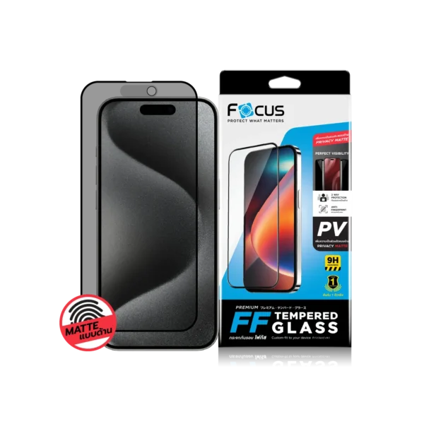 กระจกกันรอย เต็มจอ กันมอง แบบด้าน ขอบสีดำ สำหรับ iPhone 15 Pro