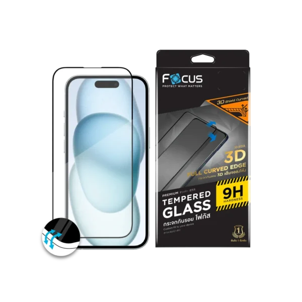 กระจกกันรอยเต็มจอ Focus แบบขอบโค้ง Shield Curved สำหรับ iPhone 15 Plus
