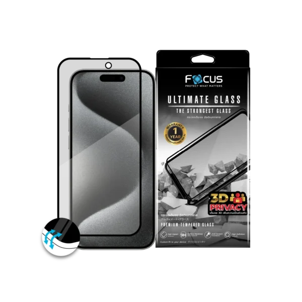 กระจกกันรอยเต็มจอ Focus แบบขอบโค้ง Ultimate Glass กันมอง สำหรับ iPhone 15 Pro
