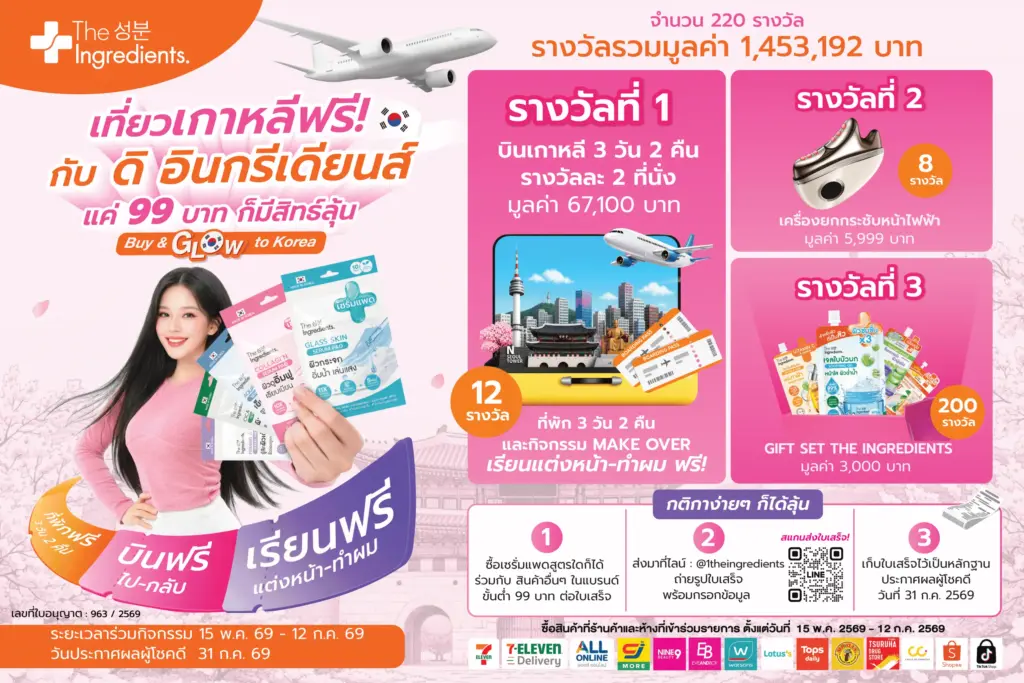 เที่ยวเกาหลีฟรี! ซื้อ The Ingredients 99 บาท ลุ้นบินโซล 3 วัน 2 คืน พร้อม K-Beauty Workshop 2026